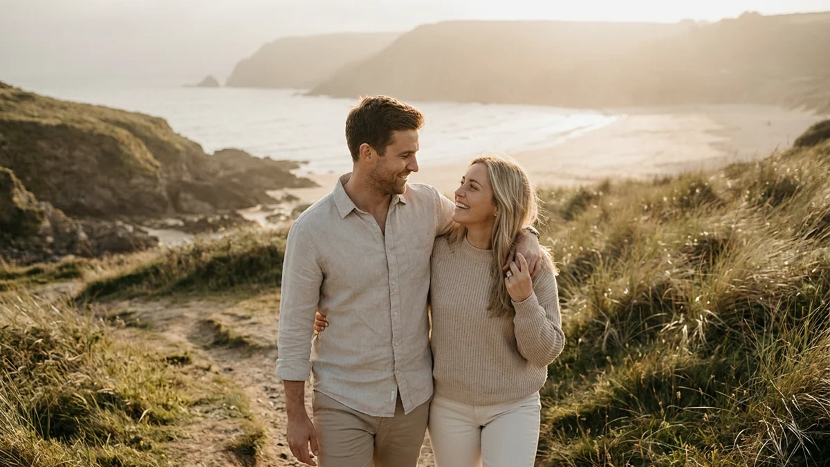 Editorial couples portrait on a coastal path in late-afternoon light
