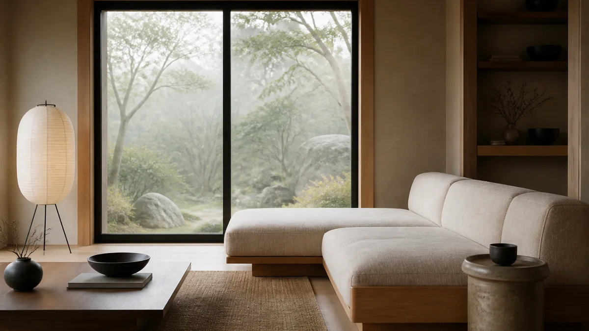 Realistic Japandi living room overlooking a misty green garden