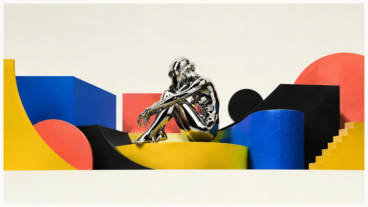 Abstract chrome sculpture and geometric shapes composed as event poster artwork