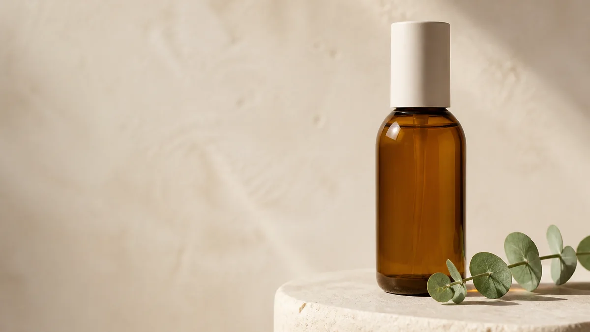 Unbranded amber skincare bottle photographed on a pale limestone plinth