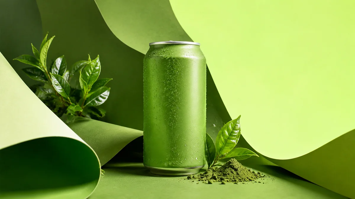 Green matcha drink campaign visual with layered paper shapes and text-safe space