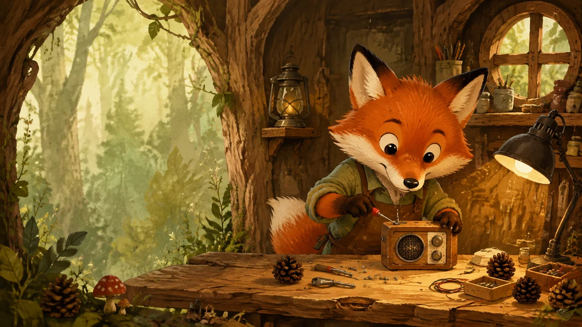 Gouache storybook illustration of a fox building a radio in a forest workshop