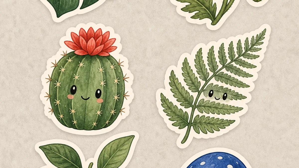 Six illustrated botanical stickers with consistent hand-inked styling