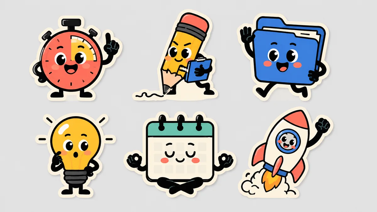 Colorful productivity mascot sticker sheet with six related characters