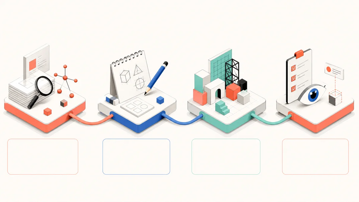 Four-stage creative workflow infographic concept with modular stations