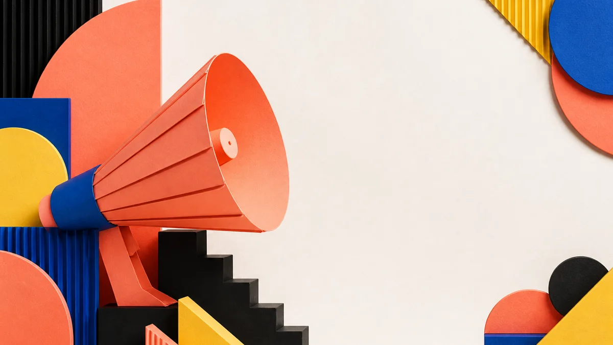 Colorful folded-paper brand announcement visual with text-safe space